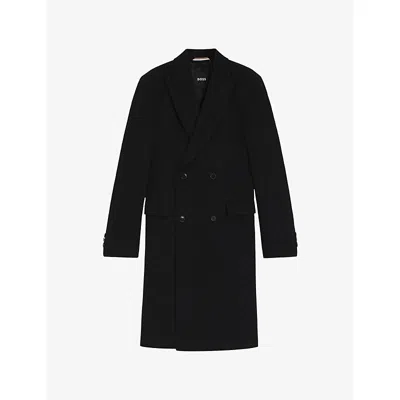 Hugo Boss Mens Black Double-breasted Peak-lapel Wool-blend Coat