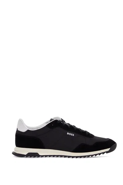 Hugo Boss Textured-fabric Lace-up Trainers With Suede Trims In Black (black)