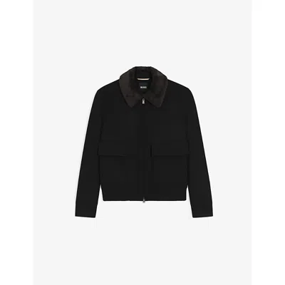 Hugo Boss Mens Black Faux-fur-collar Wool And Cashmere Coat