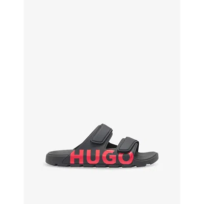 Hugo Boss Mens Hugo Logo-print Double-strap Slip-on Rubber Sandals In Black