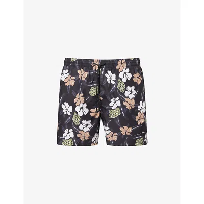 HUGO BOSS MENS BLACK PIRANHA FLORAL-PATTERN SWIM SHORTS