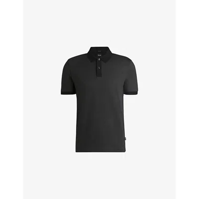 Hugo Boss Mens Black Short-sleeved Contrast-trim Cotton Polo Shirt