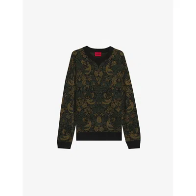 Hugo Boss Mens Black Tapestry Jacquard Relaxed Knitted Jumper Xxl In Brown