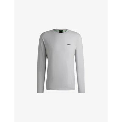 HUGO BOSS MENS LIGHT/PASTEL GREY BRAND-PRINT LONG-SLEEVE COTTON-JERSEY T-SHIRT XL