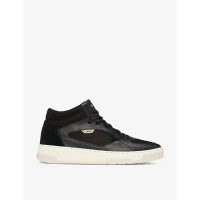 HUGO BOSS MENS BLACK BRANDED-TONGUE LEATHER HIGH-TOP TRAINERS EUR 41 / 7 UK