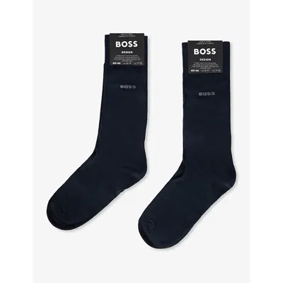 Hugo Boss Mens Crew-length Intarsia-branding Pack Of Two Cotton-blend Socks Dark Blue