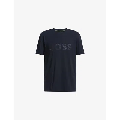 Hugo Boss Mens Dark Blue Crewneck Brand-print Cotton-jersey T-shirt