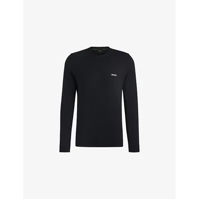 Hugo Boss Mens Dark Blue Crewneck Long-sleeve Stretch-cotton T-shirt