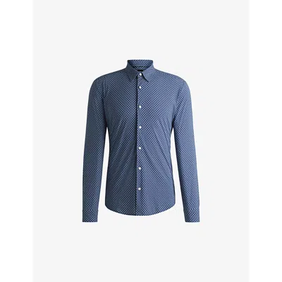 HUGO BOSS MENS OPEN BLUE GEOMETRIC-PATTERN SLIM-FIT STRETCH-JERSEY SHIRT XXL