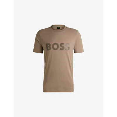 HUGO BOSS MENS LIGHT/PASTEL GREEN LOGO-PRINT REGULAR-FIT COTTON T-SHIRT