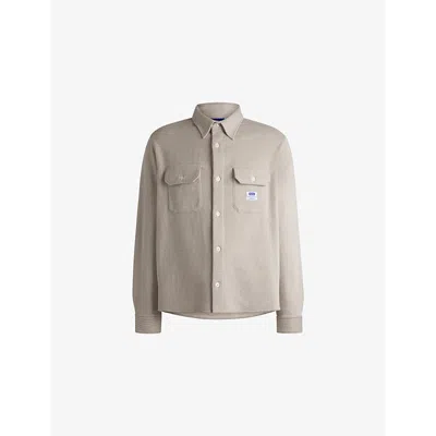 Hugo Boss Mens Brand-patch Waffle-texture Cotton-blend Shirt Open White