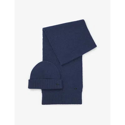 Hugo Boss Mens Branded Wool-blend Scarf And Beanie Hat Set Dark Blu In Dark Blue