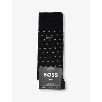 Hugo Boss Mens Boss Crew-length Intarsia-branding Pack Of Two Cotton-blend Socks In Charcoal