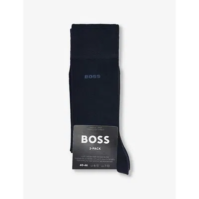 Hugo Boss Mens Crew-length Intarsia-branding Pack Of Two Knit Socks Dark Blue
