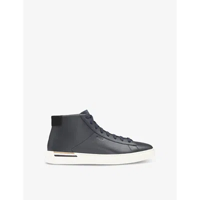 Hugo Boss Mens Debossed-branding Leather High-top Trainers In Dark Blue