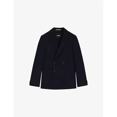 Hugo Boss Mens Boss Double-breasted Notched-lapel Cotton-wool Blend Blazer In Blue