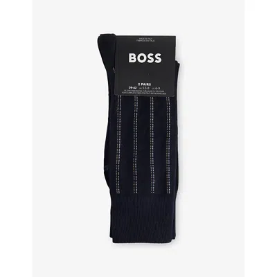 Hugo Boss Mens Dark Blue Pinstripe Pack Of Two Cotton-blend Knitted Socks In Black