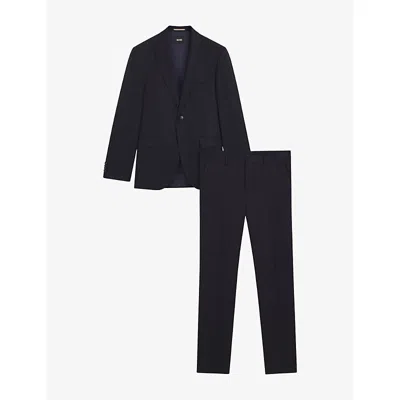 Hugo Boss Mens Dark Blue Pinstriped Regular-fit Wool Suit In Black
