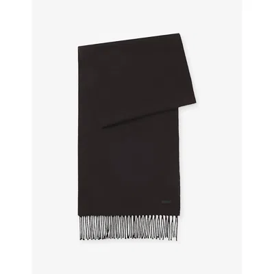 Hugo Boss Mens Dark Brown Branded Fringed-edge Wool Scarf