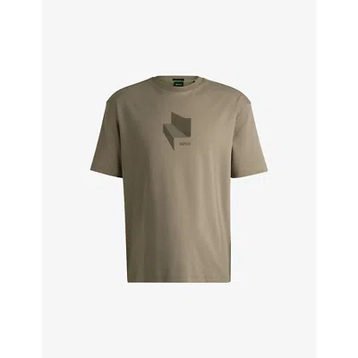 Hugo Boss Mens Boss Gloss-artwork Relaxed-fit Interlock Cotton T-shirt In Light/pastel Green