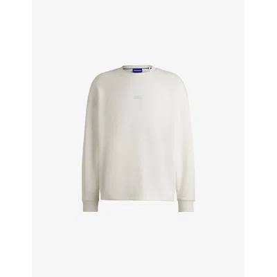 Hugo Boss Mens Open White Crewneck Brand-print Cotton-jersey Sweatshirt