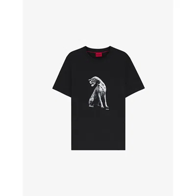 HUGO BOSS MENS BLACK DOG-PRINT SHORT-SLEEVED COTTON-JERSEY T-SHIRT XS