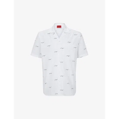 Hugo Boss Hugo Mens Open White Leisure Logo-print Relaxed-fit Cotton Poplin Shirt