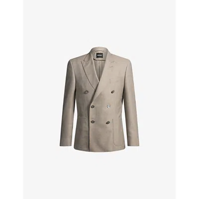 HUGO BOSS MENS LIGHT BEIGE DOUBLE-BREASTED SLIM-FIT WOOL BLAZER