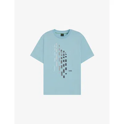 HUGO BOSS MENS LIGHT/PASTEL BLUE GRAPHIC-PRINT SHORT-SLEEVE STRETCH-COTTON T-SHIRT XXXL