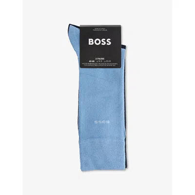 Hugo Boss Mens Boss Intarsia-logo Crew-length Pack Of Two Stretch-knit Socks In Light/pastel Blue