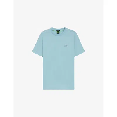 HUGO BOSS MENS LIGHT/PASTEL BLUE LOGO-EMBROIDERED SHORT-SLEEVE STRETCH-COTTON T-SHIRT