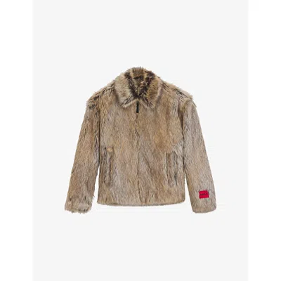 Hugo Boss Mens Light/pastel Brown Branded Faux-fur Jacket