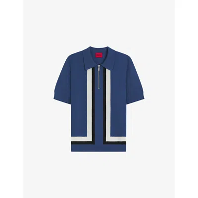 Hugo Boss Mens Medium Blue Striped Regular-fit Short-sleeve Knitted Polo Xl