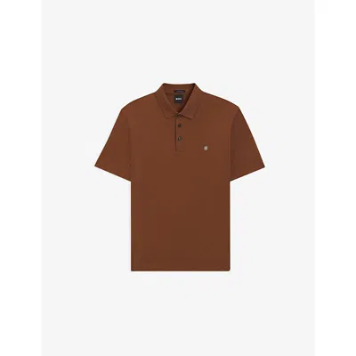 Hugo Boss Mens Medium Brown Logo-embroidered Short-sleeve Cotton Polo Xxl