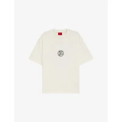 Hugo Boss Mens Natural Graphic-print Short-sleeve Cotton T-shirt In White