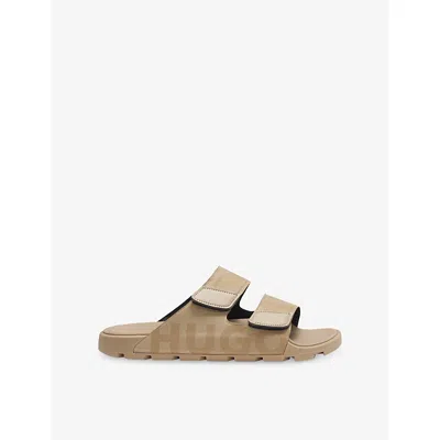 Hugo Boss Mens Open Beige Branded Faux-suede Sandals Eur 44 / 10 Uk In Multi