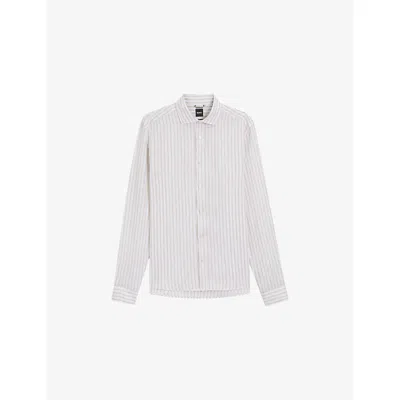 Hugo Boss Mens Open Beige Striped Regular-fit Linen Shirt In White