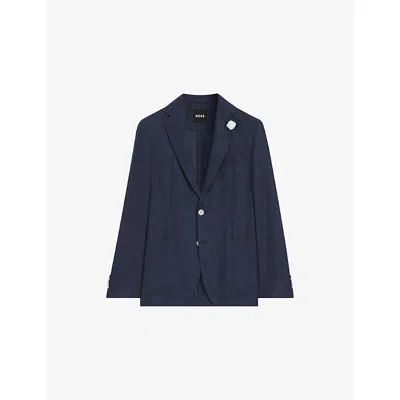 Hugo Boss Mens Open Blue Slim-fit Micro-pattern Linen-blend Blazer