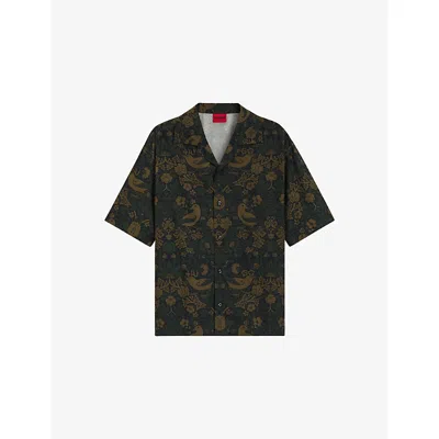 Hugo Boss Mens Open Green Graphic-print Short-sleeve Cotton Shirt Xl In Black