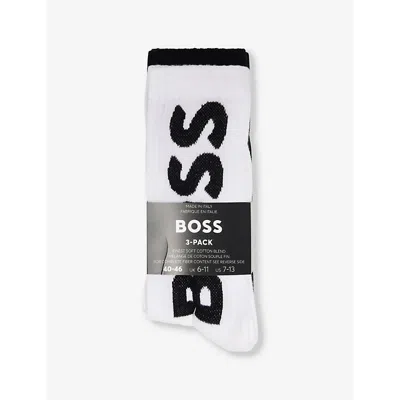 Hugo Boss Mens Crew-length Intarsia-branding Pack Of Three Cotton-blend Socks Open Miscellaneous