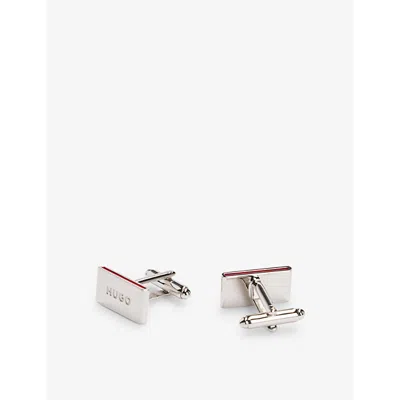 Hugo Boss Mens Hugo Brand-text Enamel-trim Polished Brass Cufflinks In Open Pink