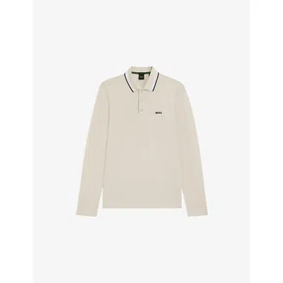 HUGO BOSS MENS BRAND-EMBROIDERED LONG-SLEEVED COTTON-PIQUÉ POLO SHIRT OPEN WHITE