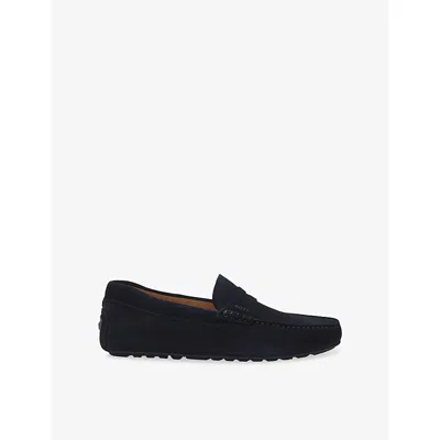 Hugo Boss Mens Dark Blue Penny-detail Suede Loafers Eur 45 / 11 Uk