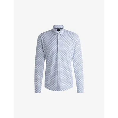 Hugo Boss Mens Bright Blue Printed Slim-fit Cotton-blend Jersey Shirt