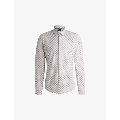 Hugo Boss Mens Medium Beige Printed Slim-fit Cotton-blend Jersey Shirt