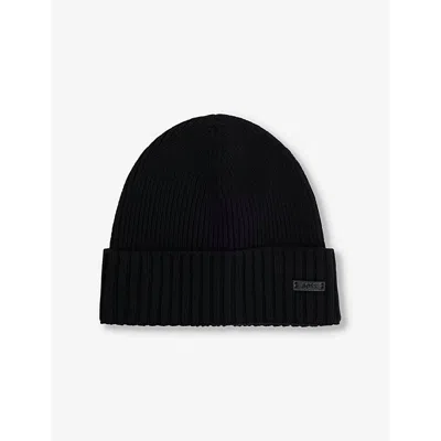 Hugo Boss Mens Ribbed Brand-patch Wool Knitted Beanie Hat Black