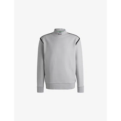 Hugo Boss Mens Boss Rubberised-branding Striped-trim Stretch Cotton-blend Sweatshirt In Light/pastel Grey