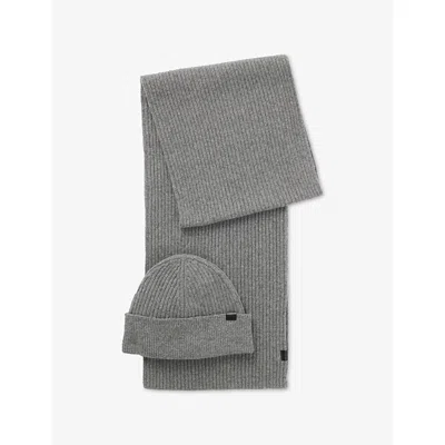 Hugo Boss Mens Silver Branded Wool-blend Hat And Scarf Gift Set In Gray