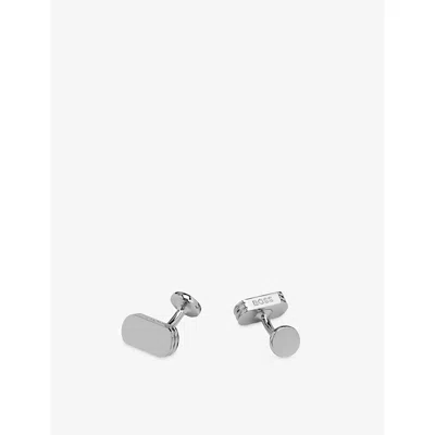 Hugo Boss Mens Silver Brand-engraved Brass Cufflinks In Gray