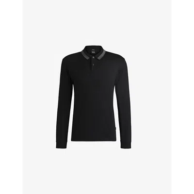 Hugo Boss Mens Striped-trim Long-sleeved Cotton-jersey Polo Shirt Black